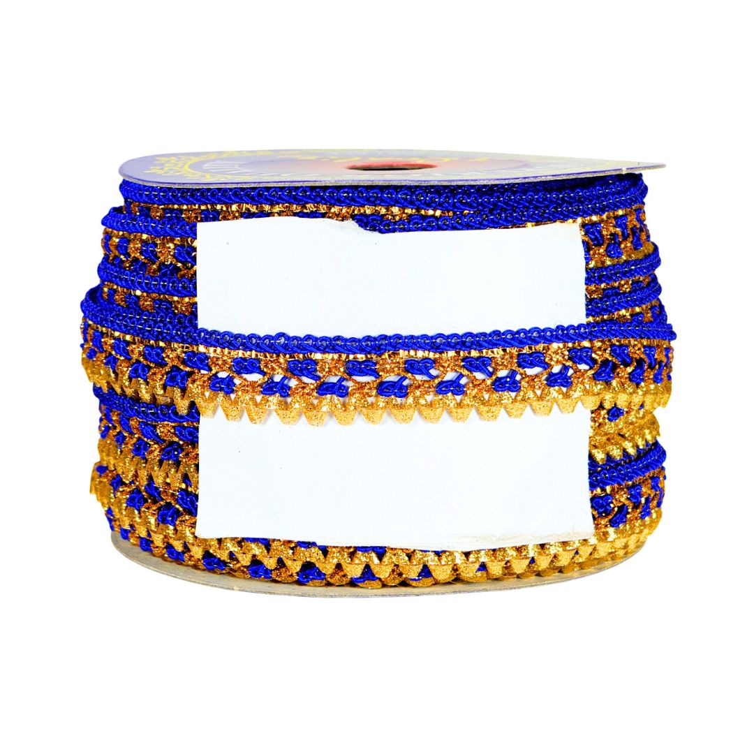 Roll of blue and gold decorative trim on a white background
