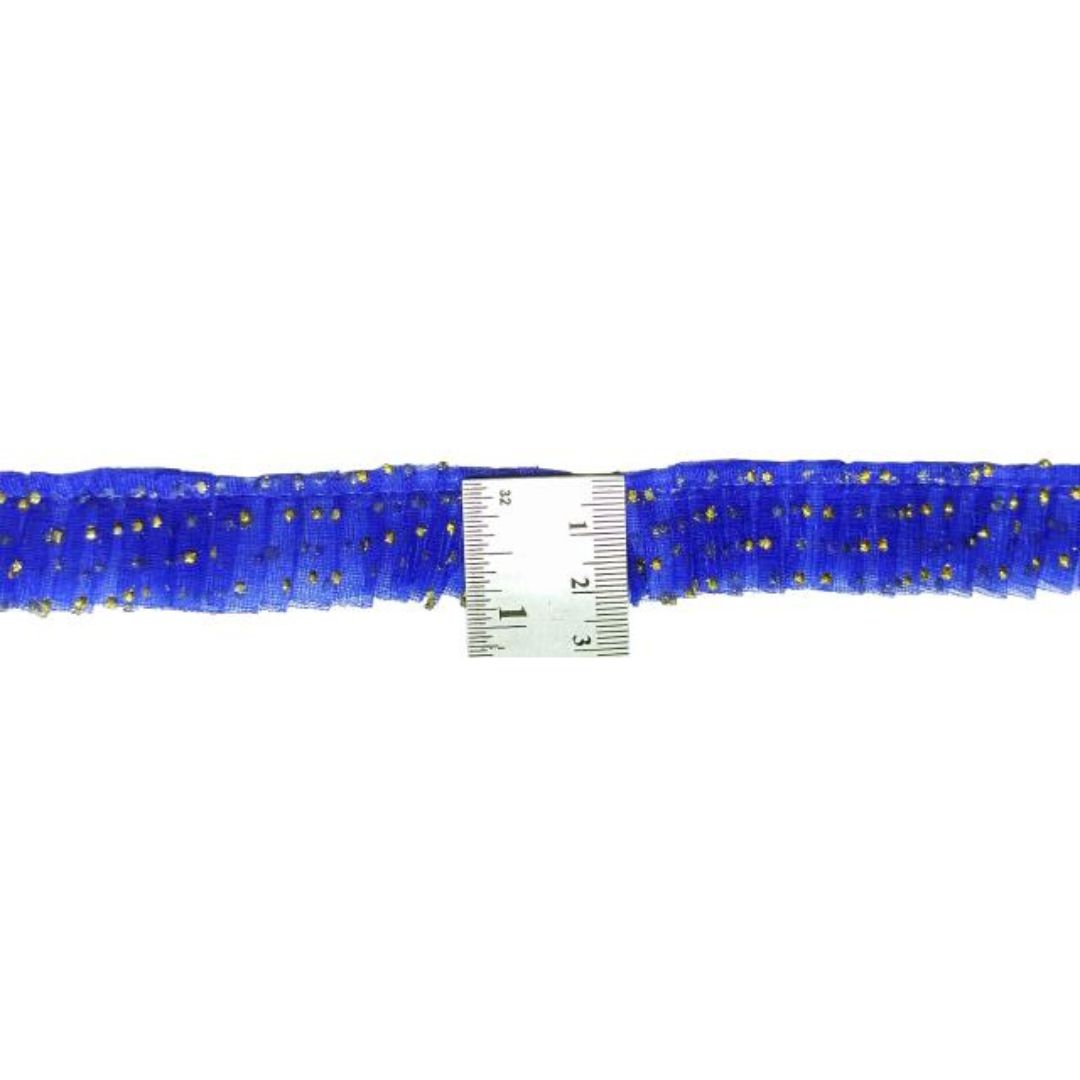 Blue beaded belt with a silver buckle on a white background