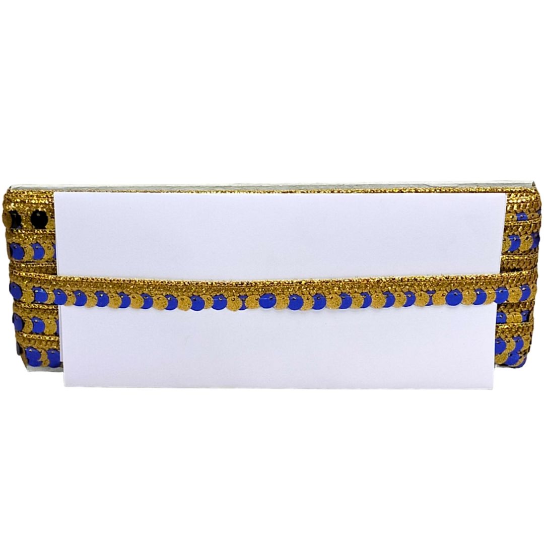 Decorative card holder with gold and blue trim on a white background