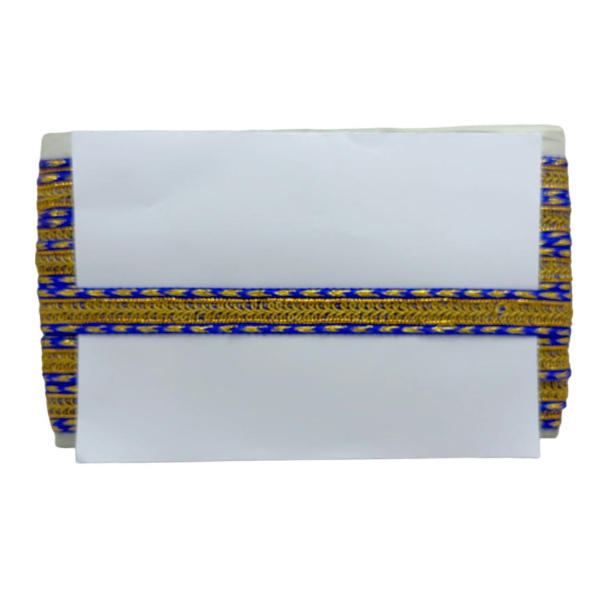 White card with blue and gold decorative border on a white background