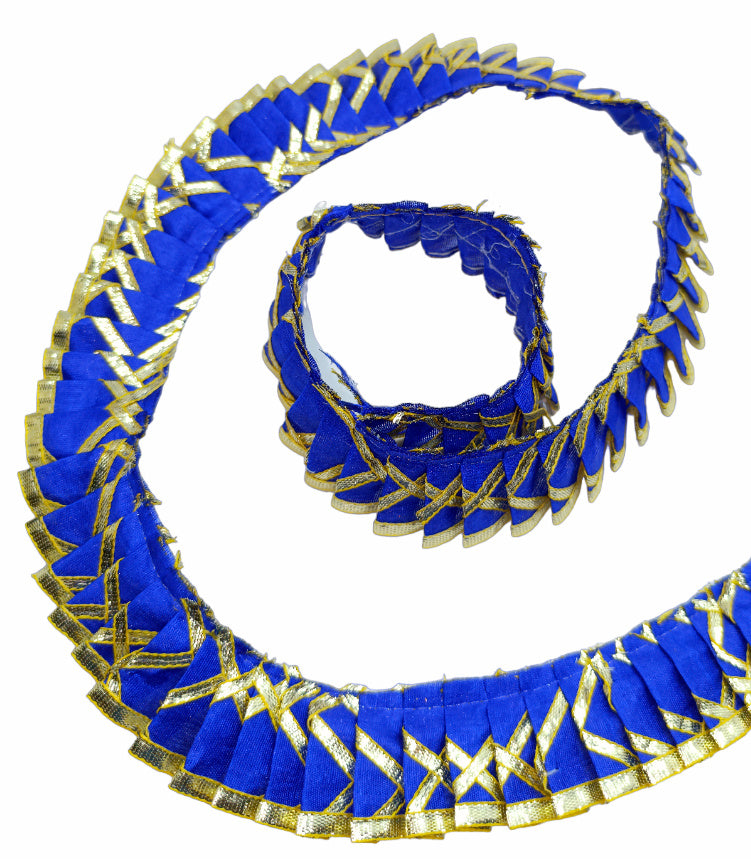 Blue and gold decorative ribbon with a white center on a white background