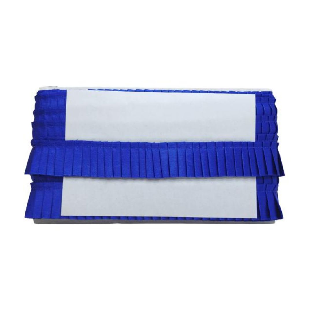 Blue and white pleated clutch bag on a white background