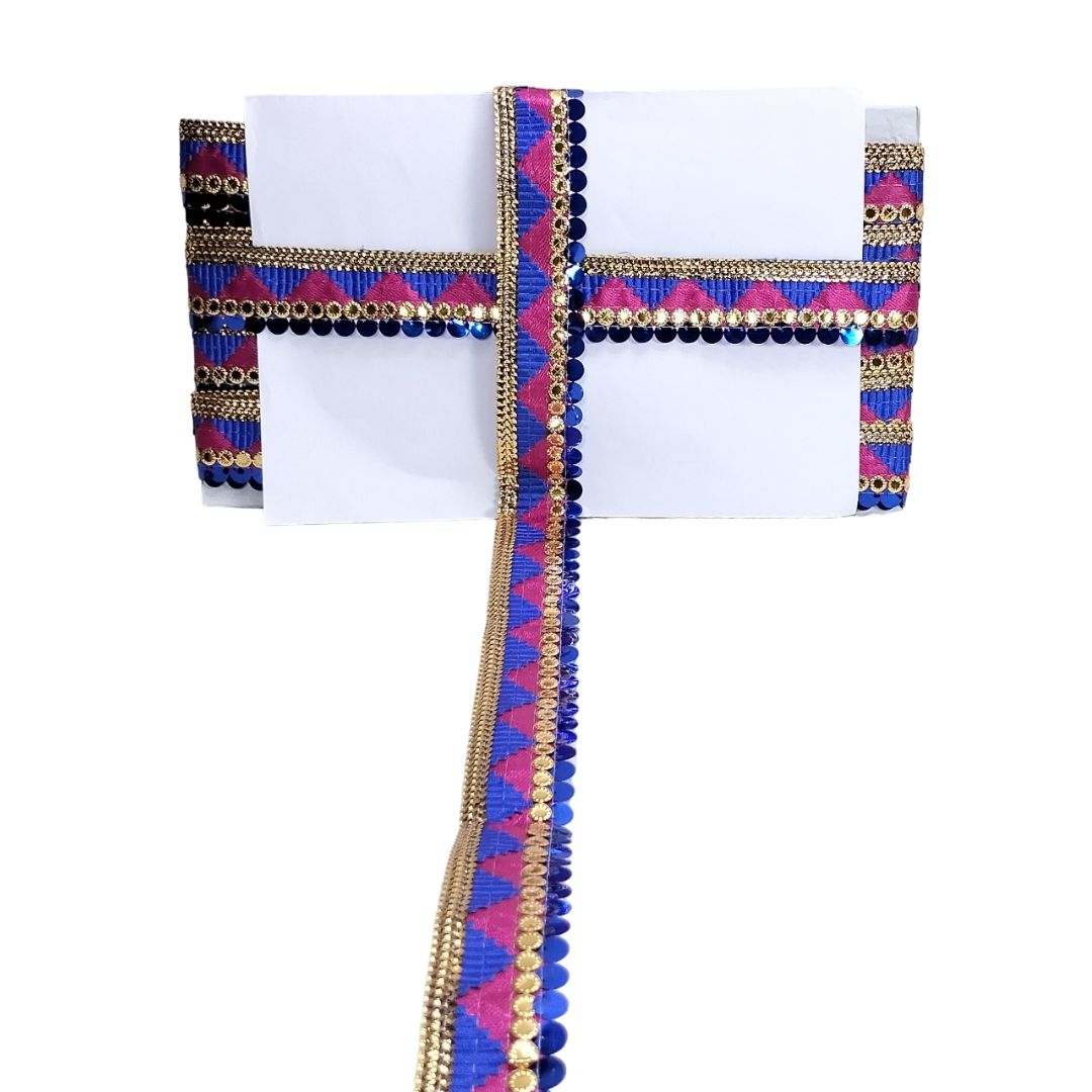 Decorative border with blue, pink, and gold patterns on a white background