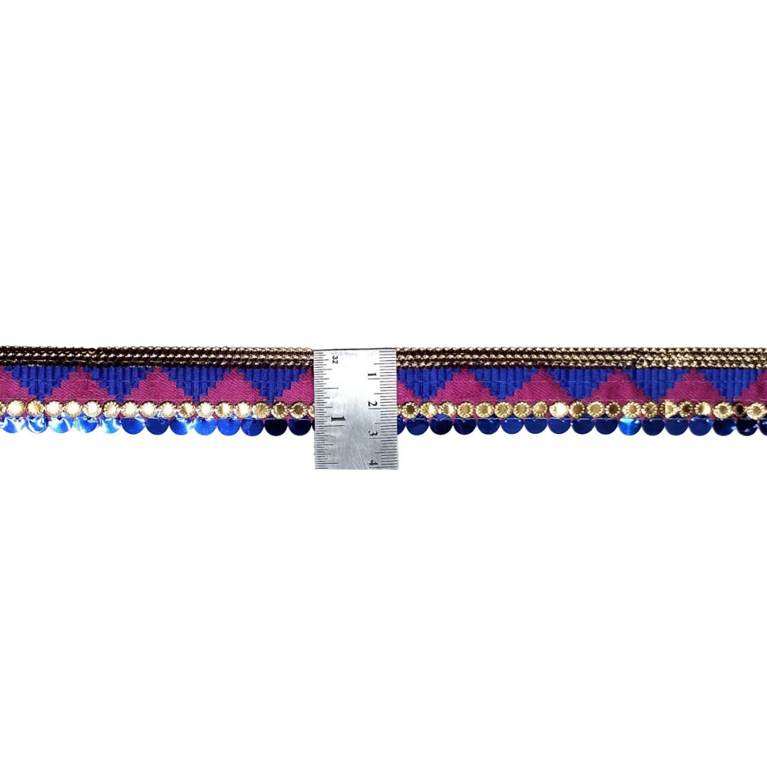 Decorative trim with blue, pink, and gold pattern on a white background