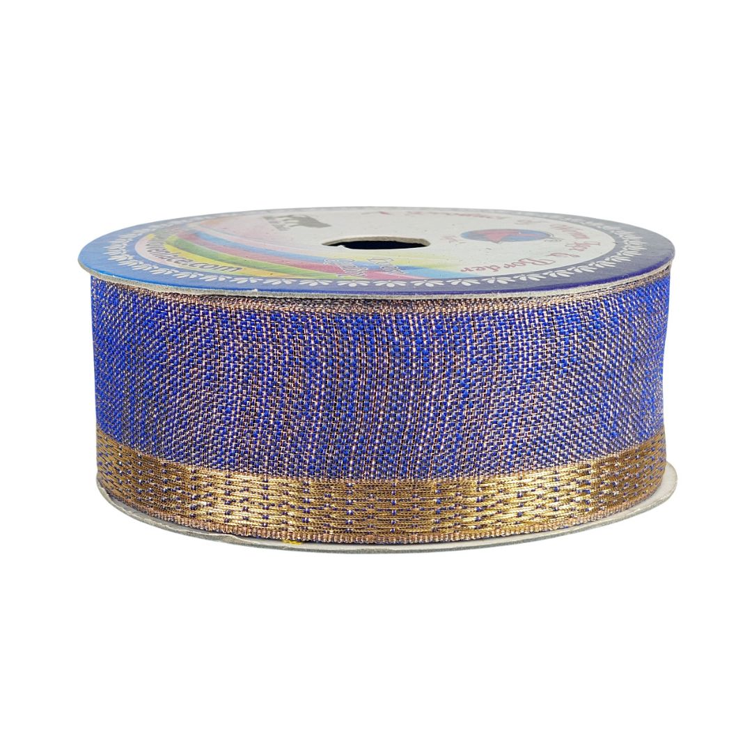 Roll of blue and gold ribbon on a white background