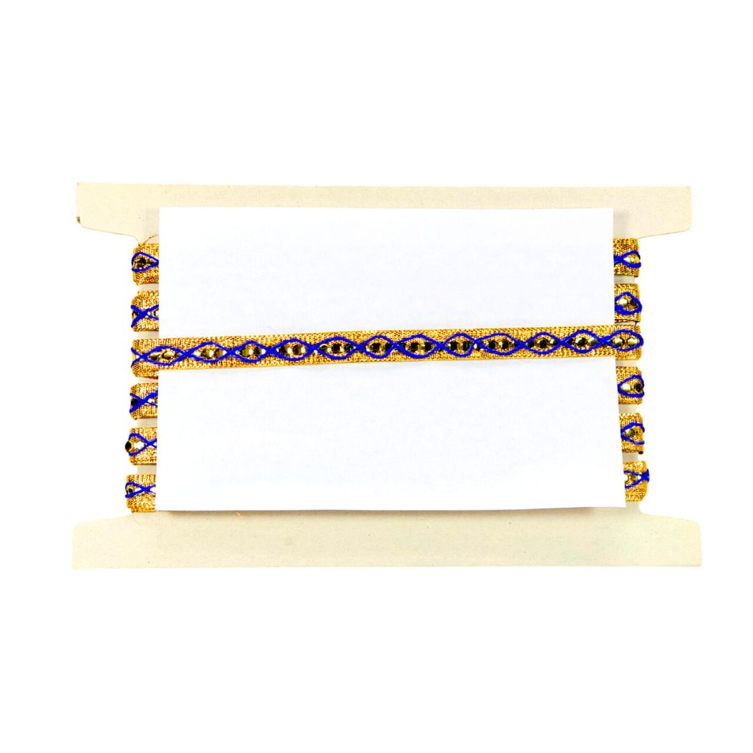 Decorative headband with blue and gold pattern on a white background