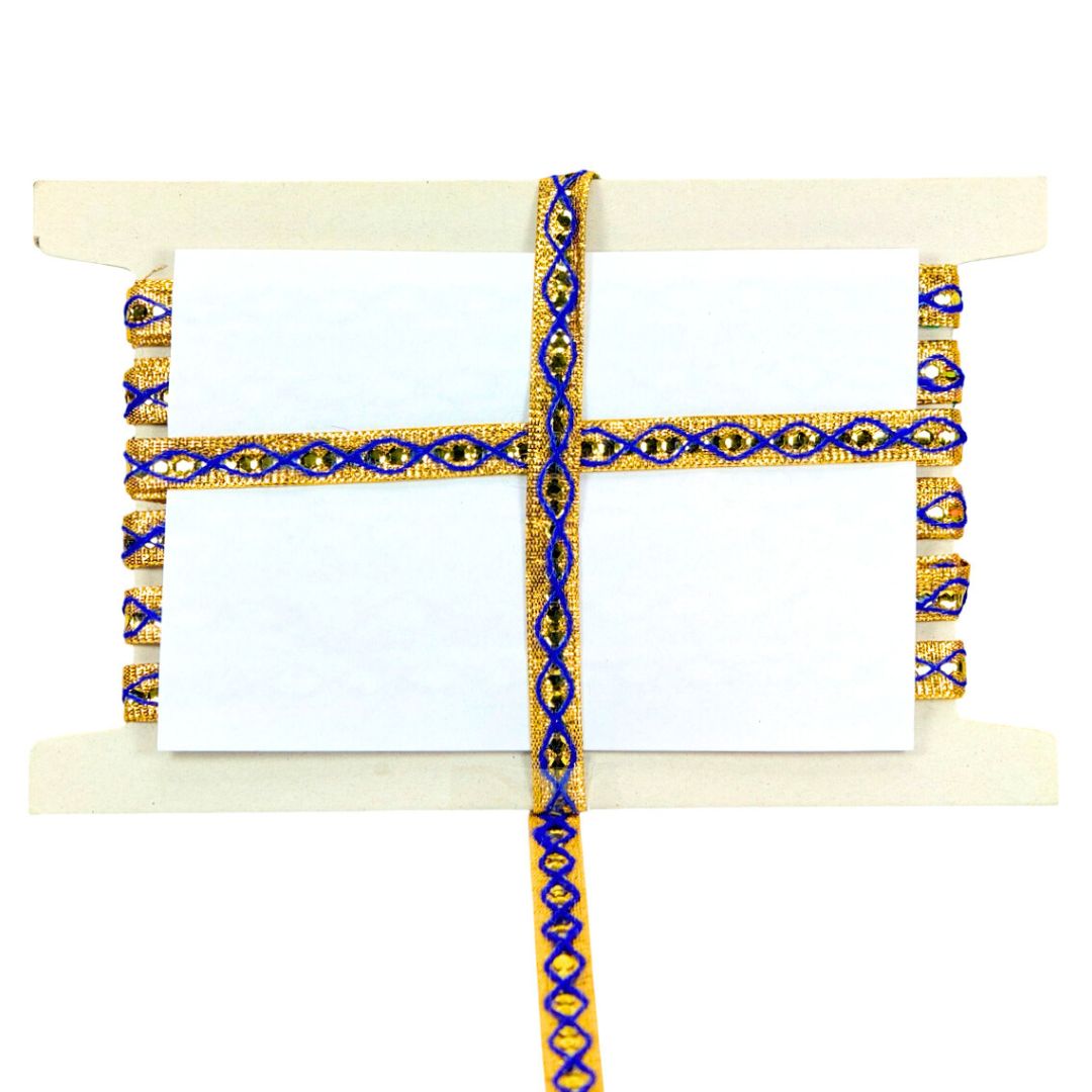 Decorative ribbon with blue and gold patterns on a white background