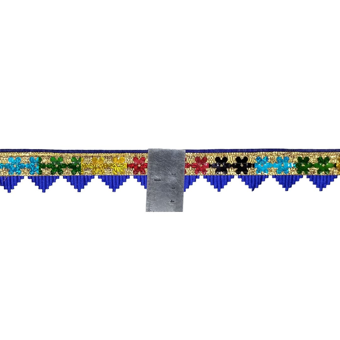 Decorative border with colorful flowers and blue accents on a white background