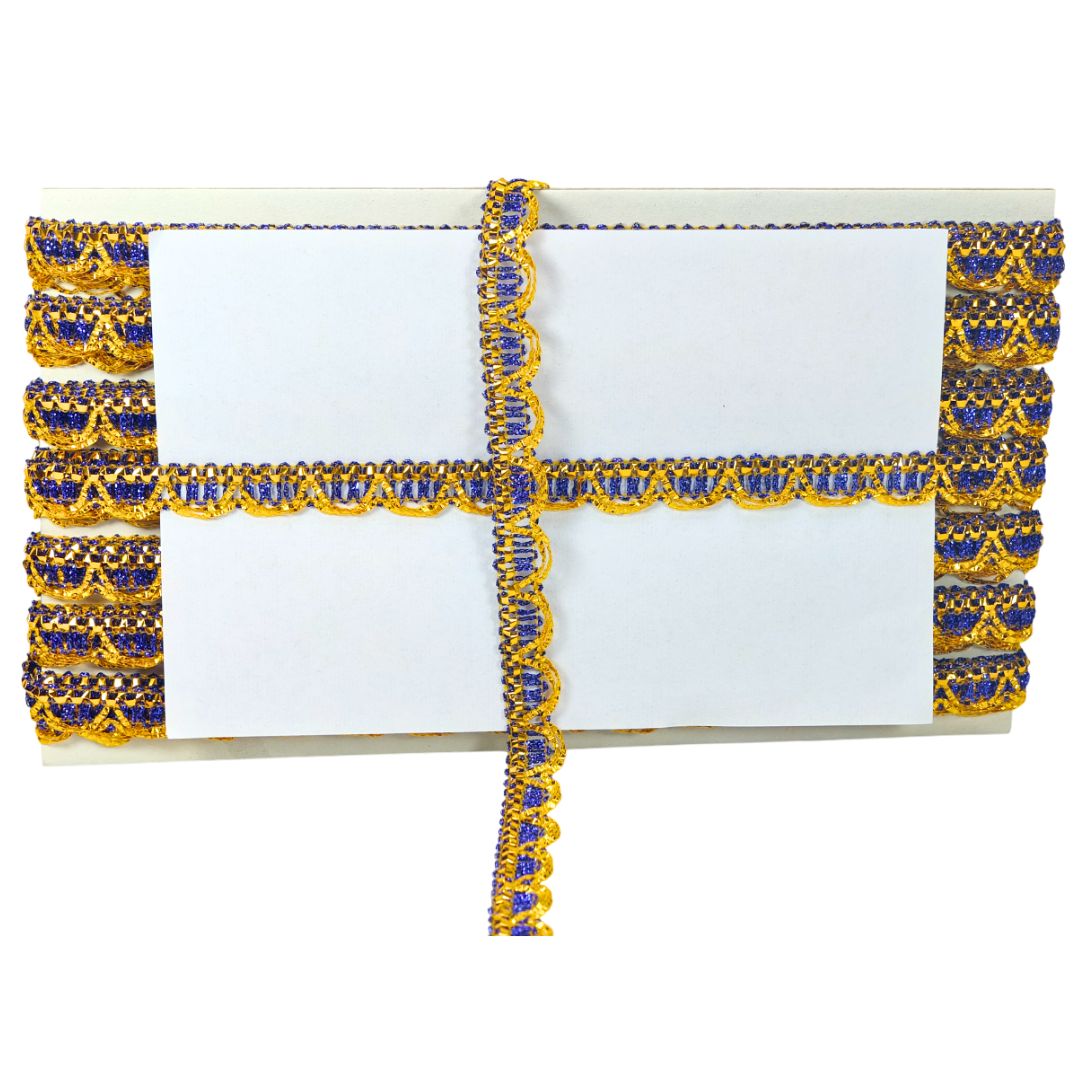 Decorative headband with gold and blue accents on a white background