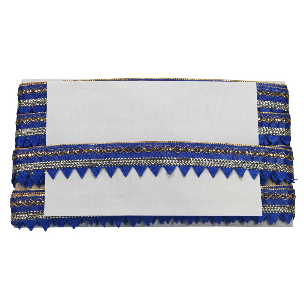 White clutch bag with blue and gold accents on a white background