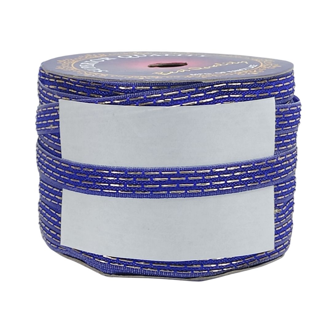 Roll of blue ribbon with gold accents on a white background