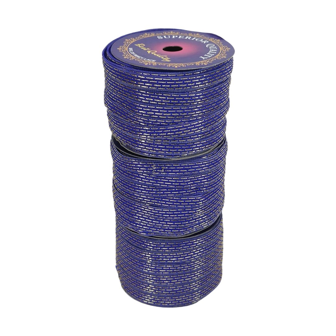 Stack of blue spools with a visible brand label on a white background