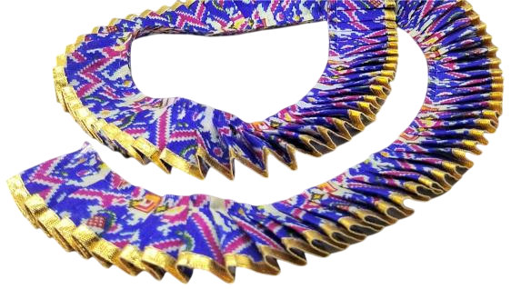 Colorful necklaces with geometric patterns on a white background