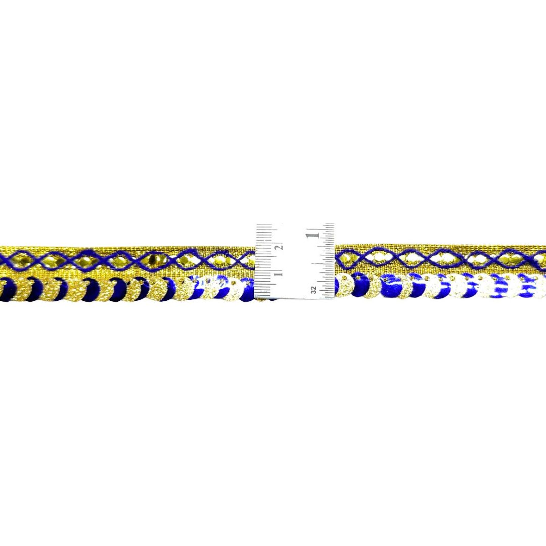 Decorative ribbon with blue and gold pattern on a white background