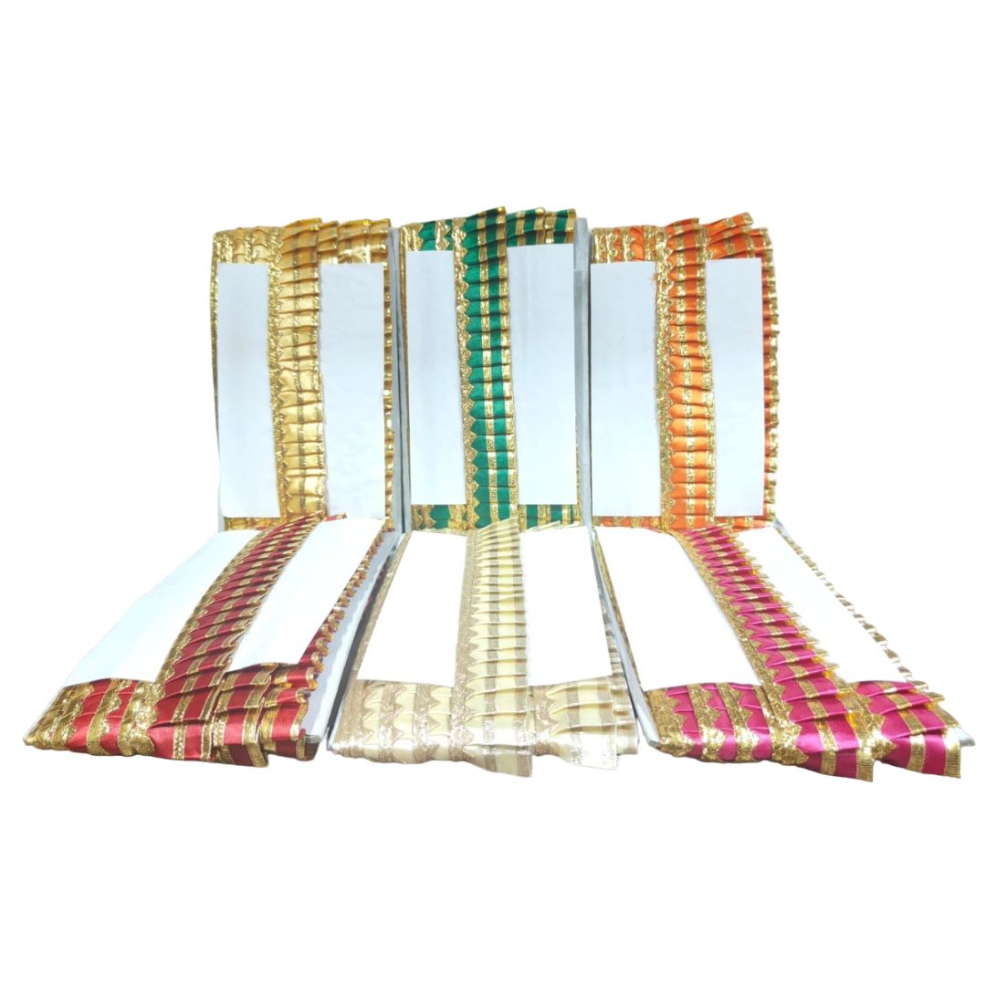 Set of four colorful sarees with patterns on a white background