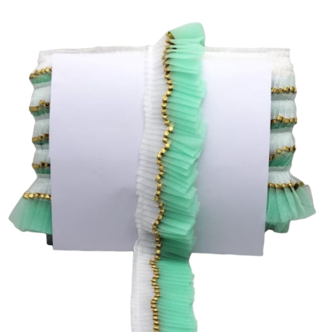 Mint green ribbon with gold trim on a white background