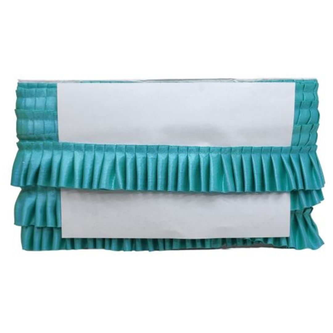 Turquoise ruffled clutch bag on a white background