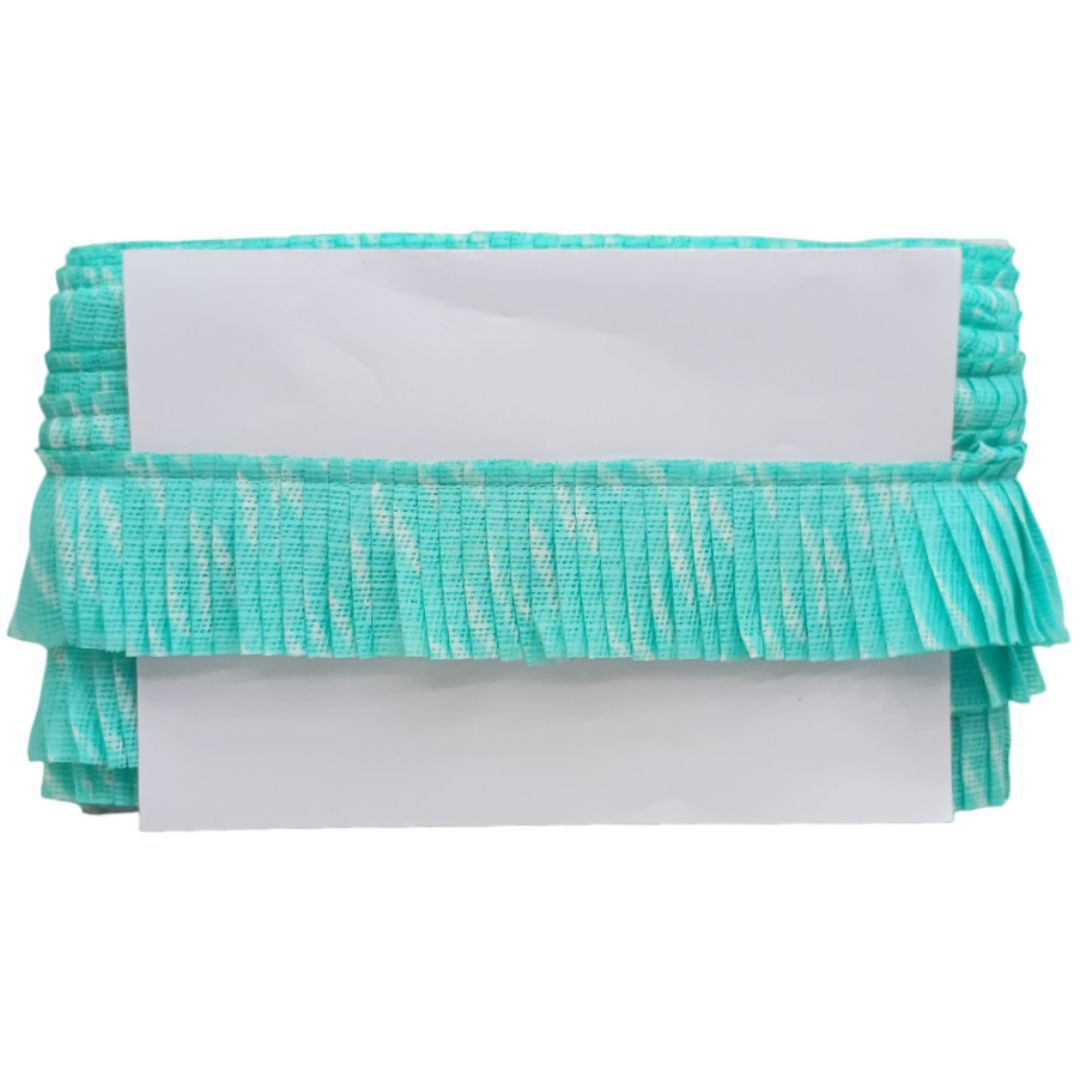 Turquoise pleated clutch with a white interior on a white background