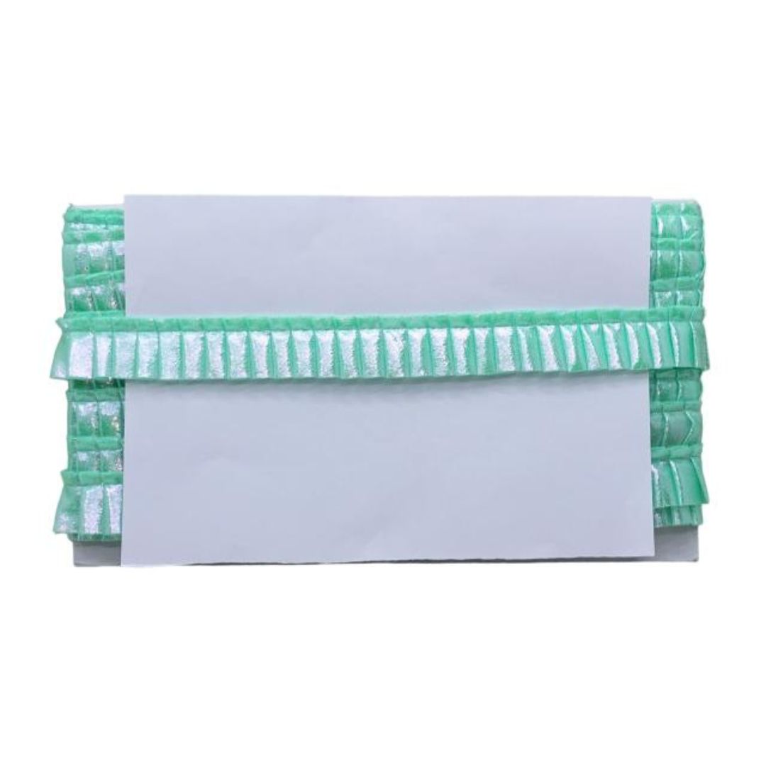 Stack of white papers with green striped borders on a white background