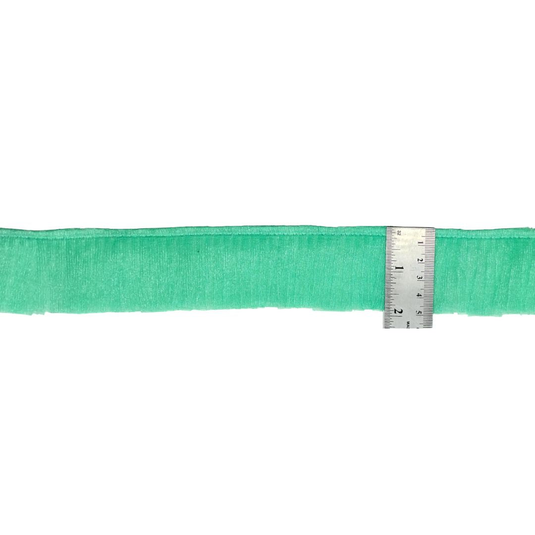 Green ribbon with a ruler for scale on a white background