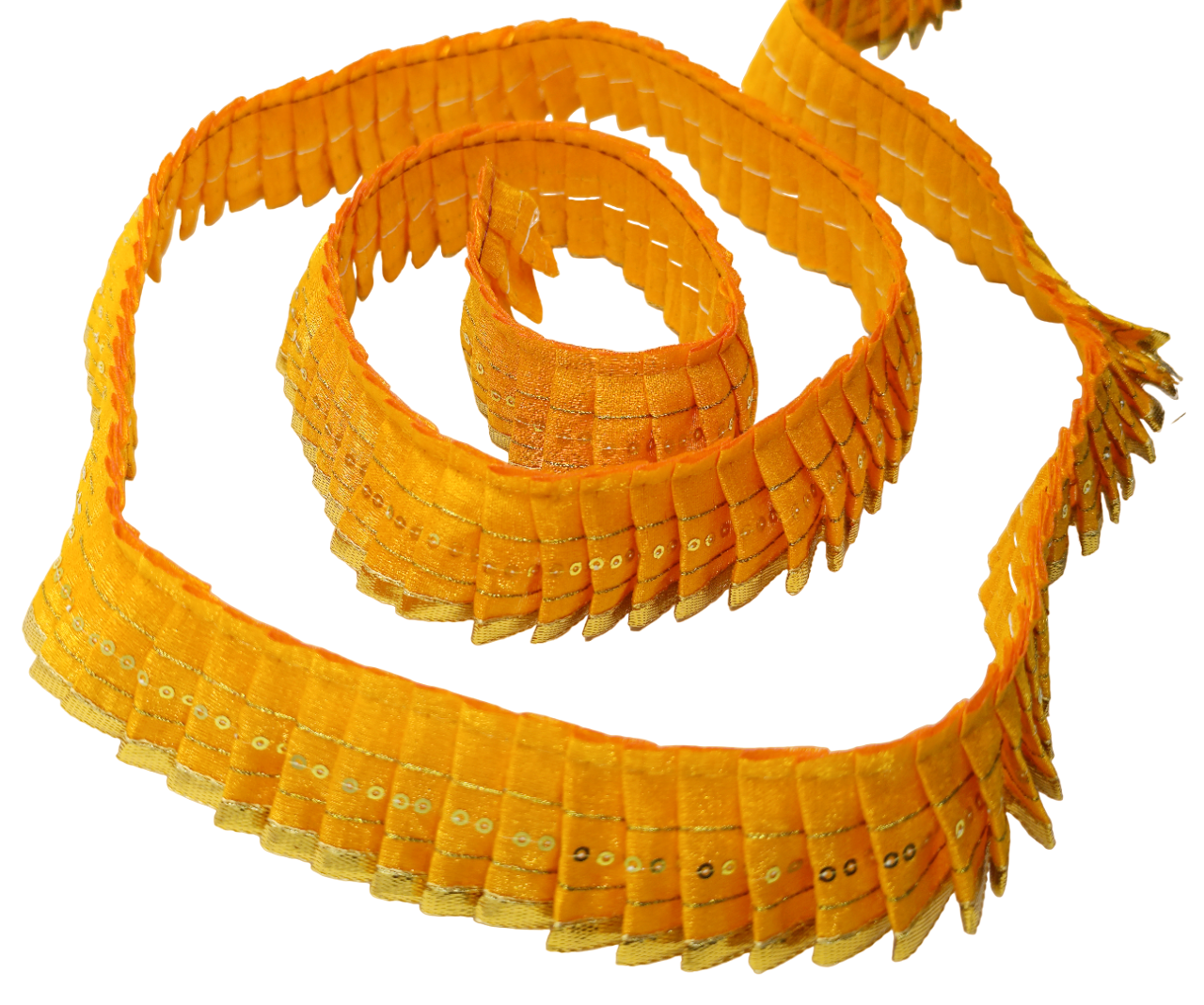 Orange decorative ribbon with fringes on a white background