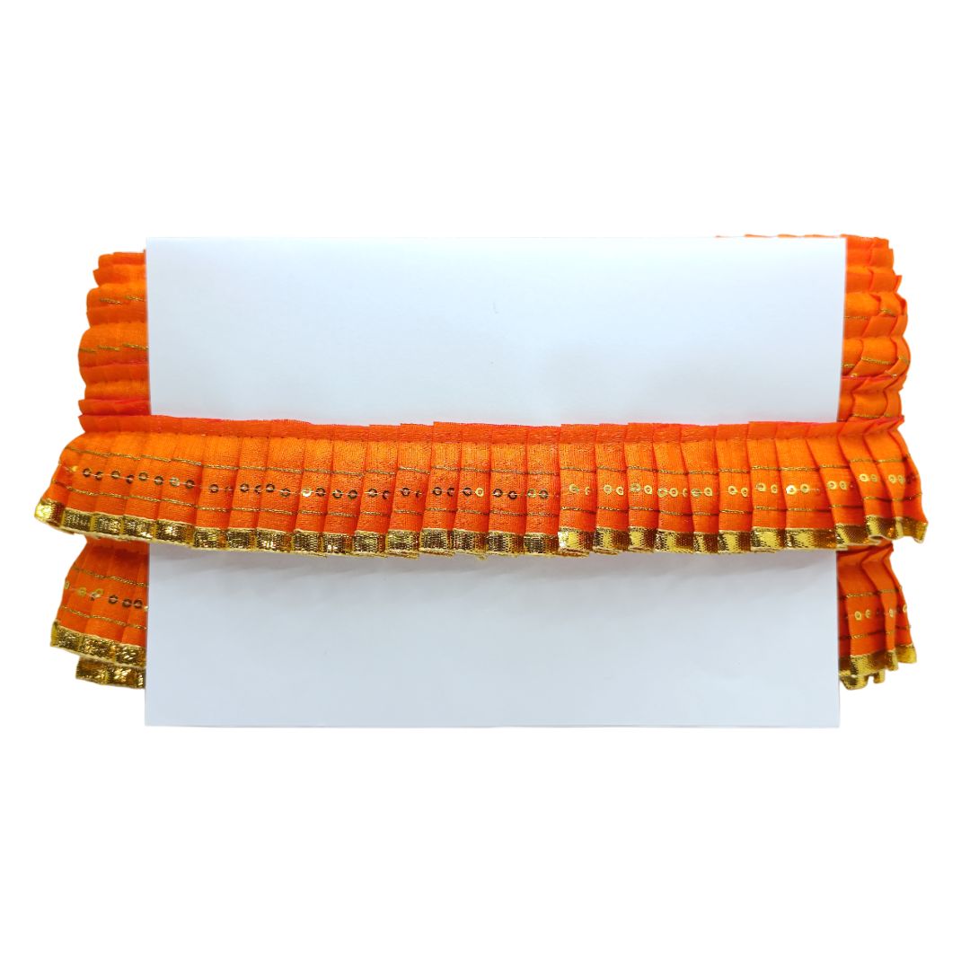 Orange clutch with gold accents on a white background