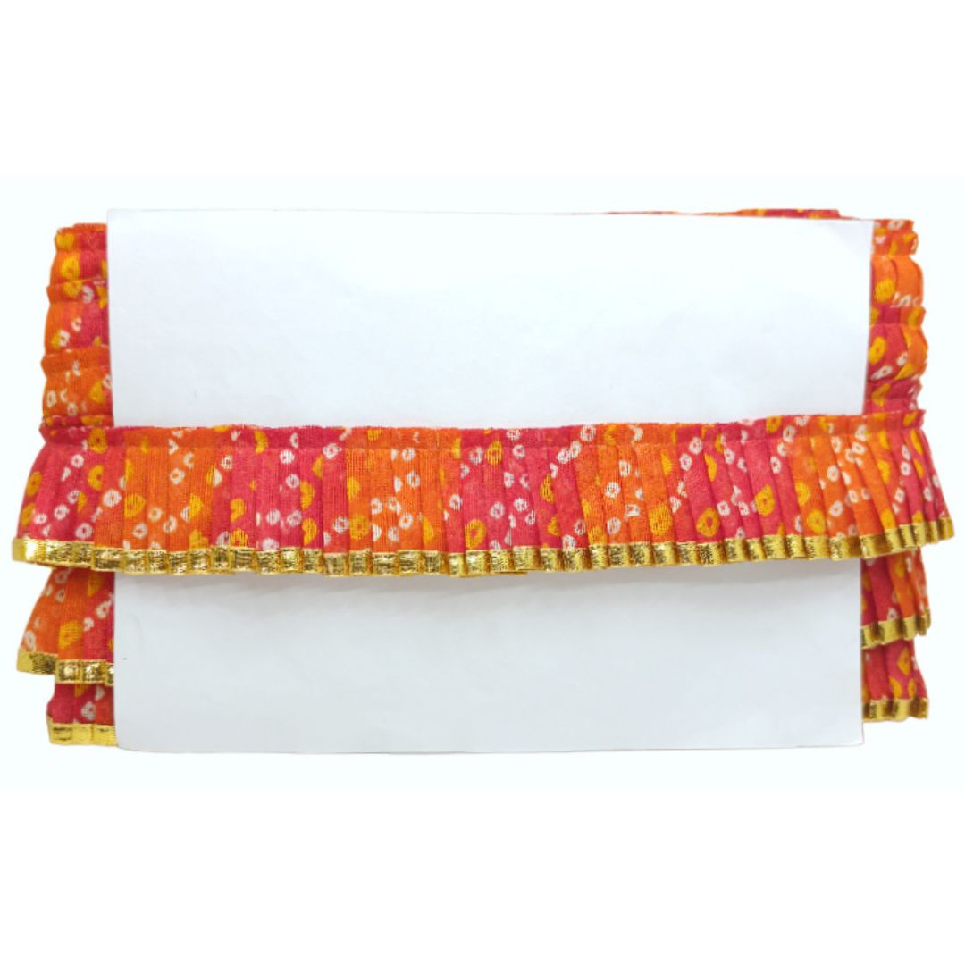 White pouch with colorful ruffled top on a white background