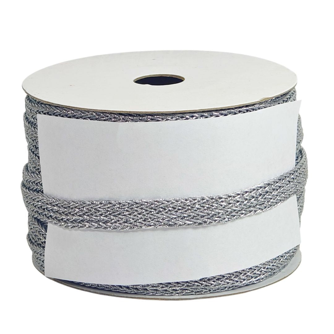 Roll of white ribbon with gray woven pattern on a white background