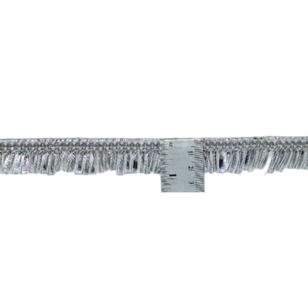 Silver fringe trim on a white background
