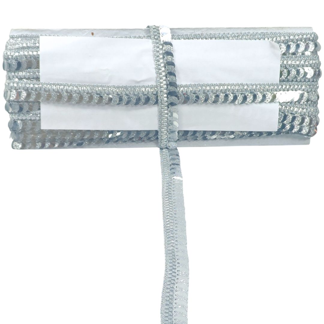 Silver decorative ribbon with a bow on a white background