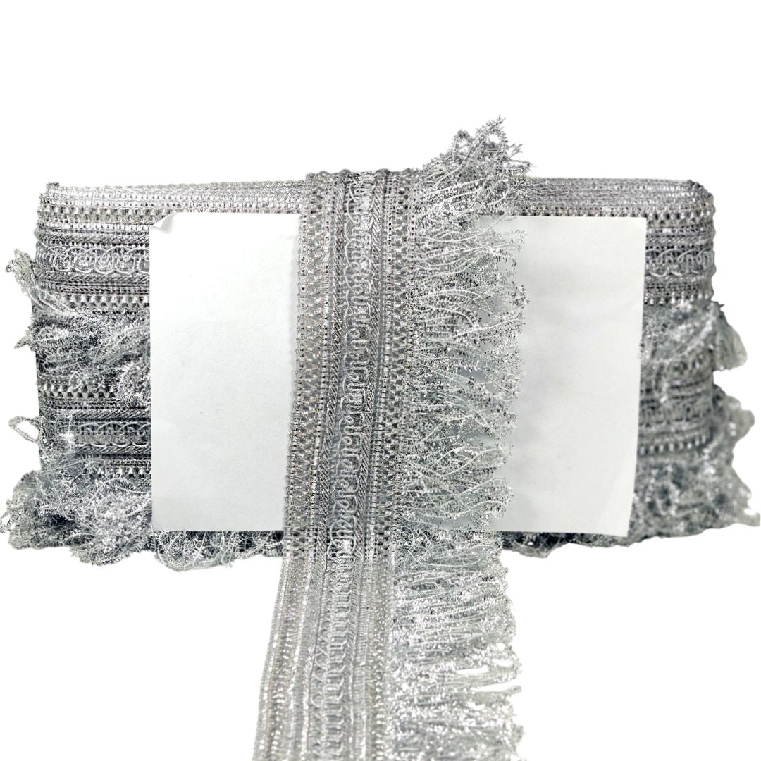 Kurlz 3.50 inch Zari Samosa with Glitter Fur Tassal/Jhalar Lace for Wedding Lehenga, Saree, Dupatta, Cocktail Party Dress, Craft | Size: 9 yards