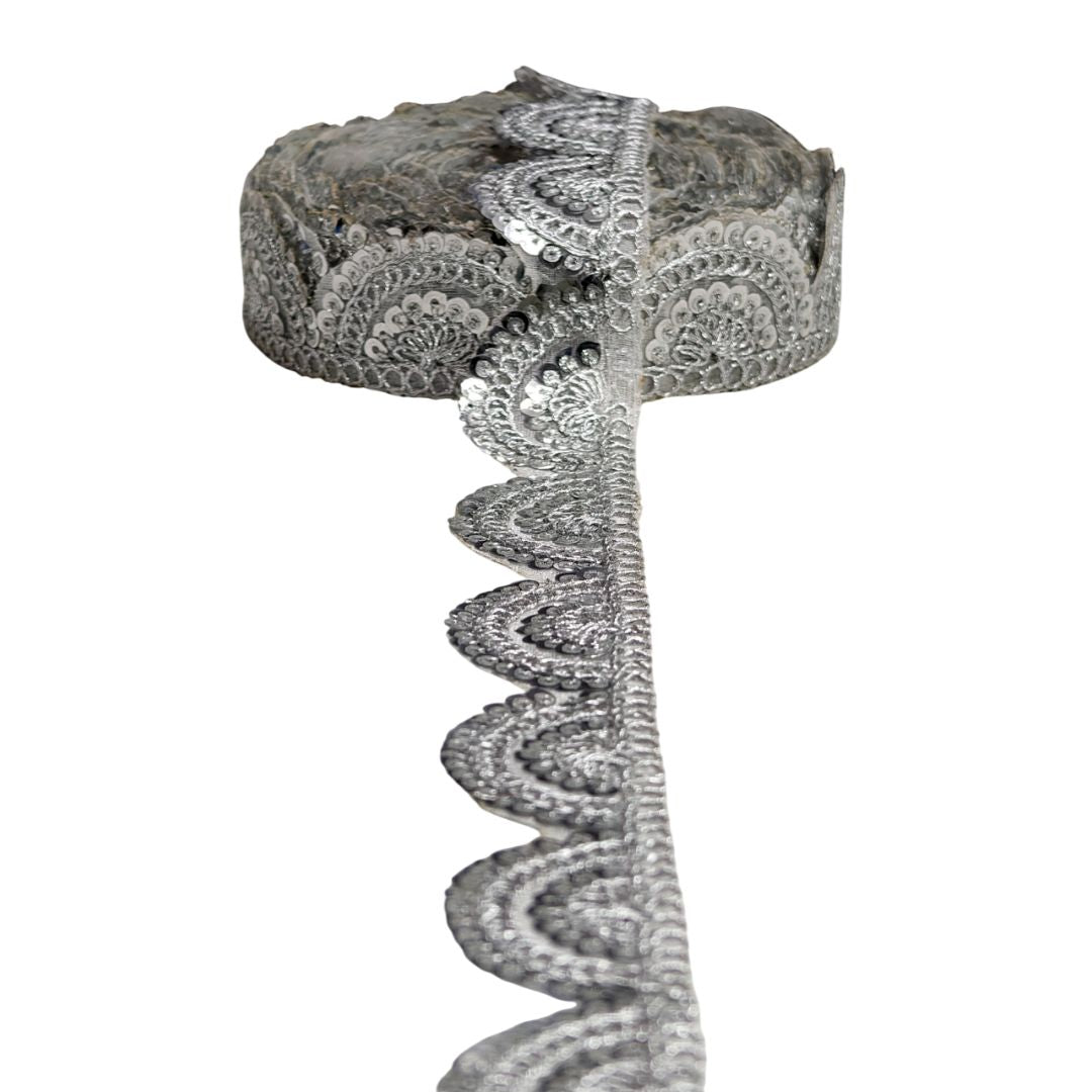 Close-up of decorative lace ribbon on a white background