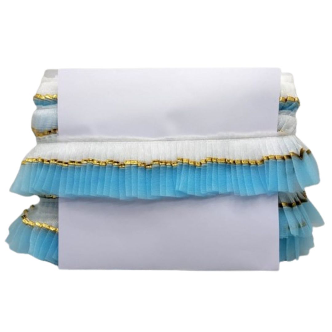 Stack of white and light blue fabric with gold trim on a white background