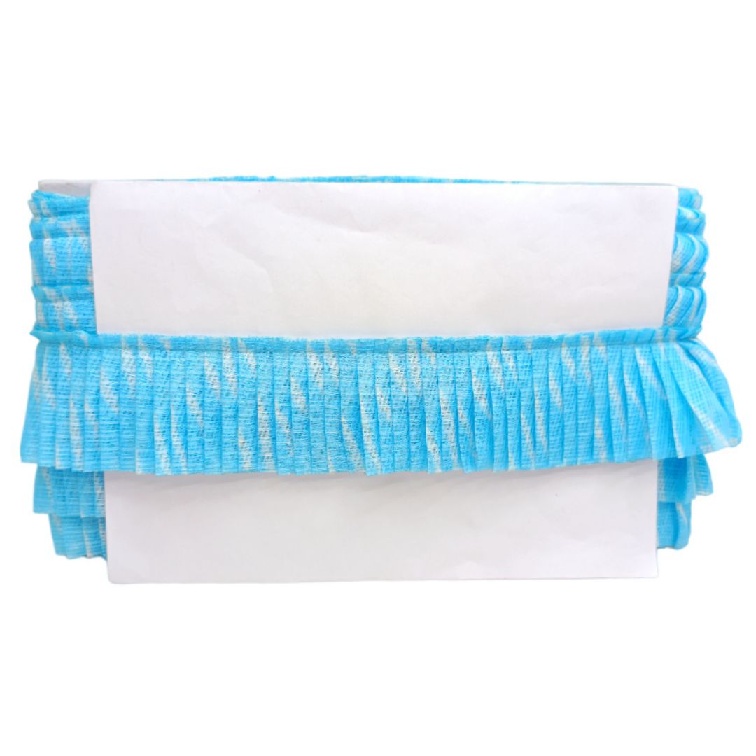 White towel with blue ruffled edge on a white background