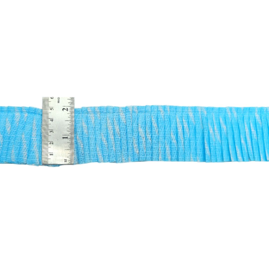 Blue webbing strap with a metal ruler for measurement on a white background