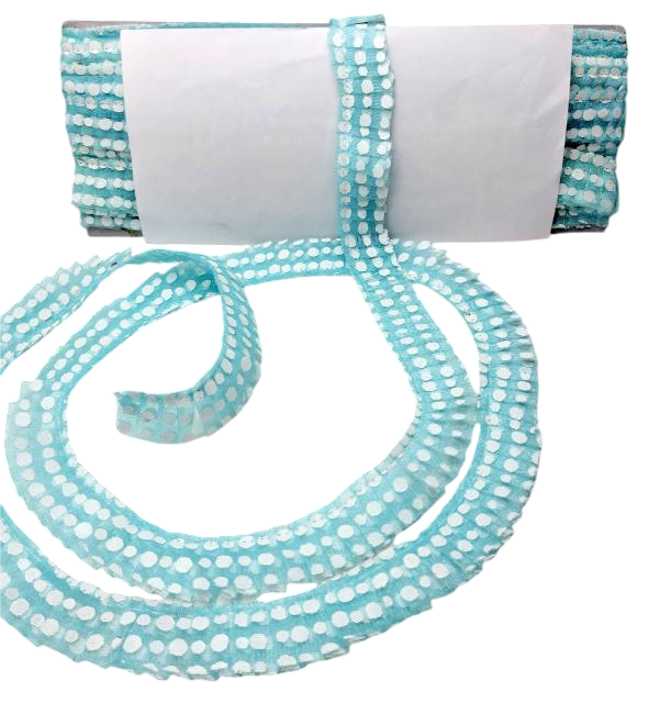 Turquoise ribbon with white polka dots on a white background