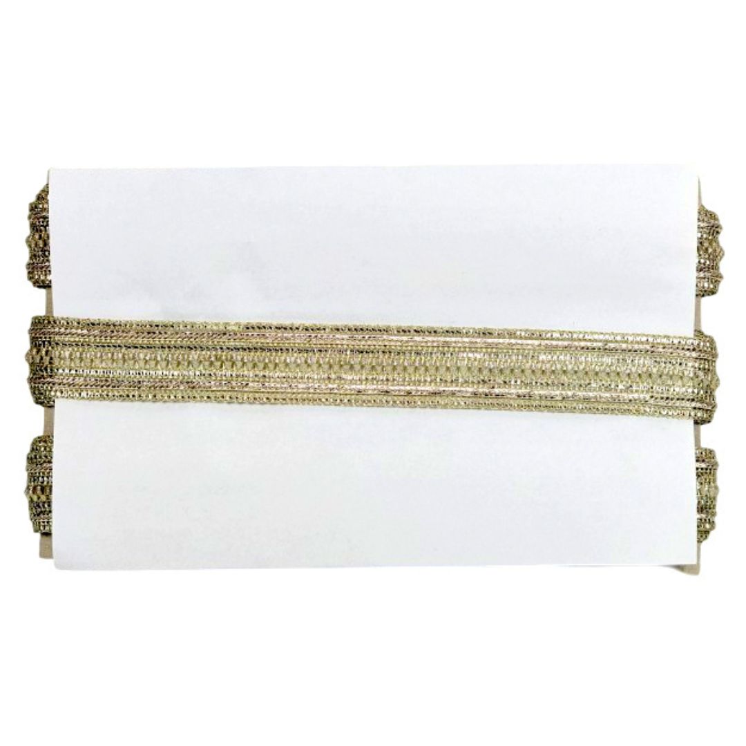 White clutch with gold beaded strap on a white background