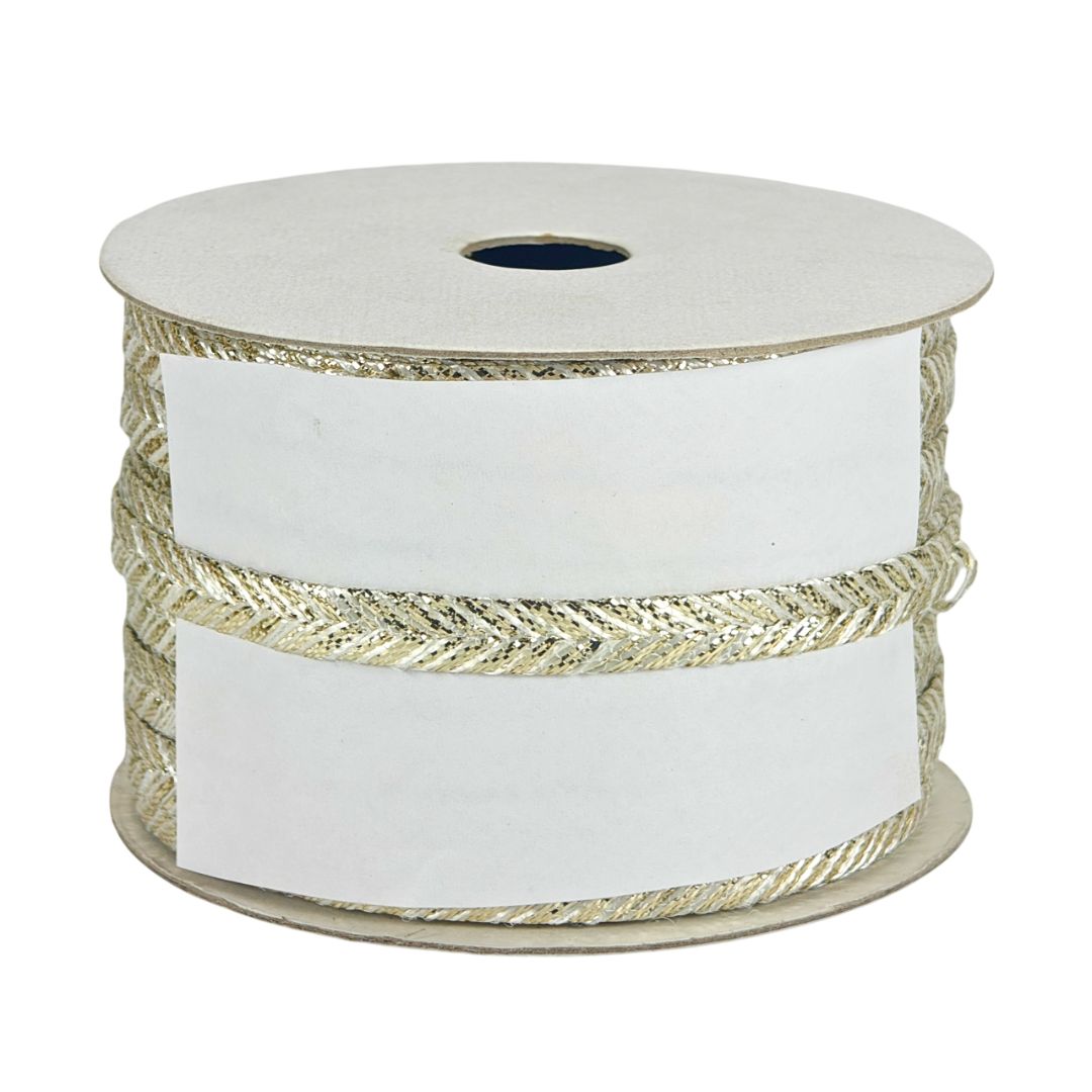 Spool of white ribbon with gold edge on a white background
