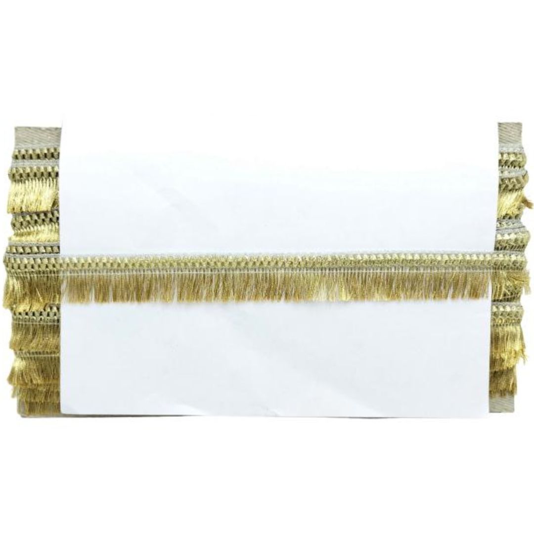 Gold fringe trim on a white background