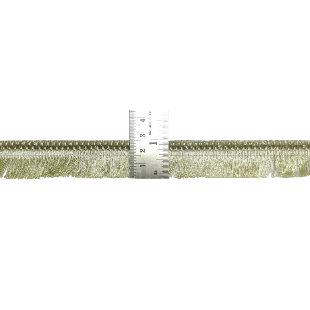 Metallic fringe trim with a ruler for scale on a white background