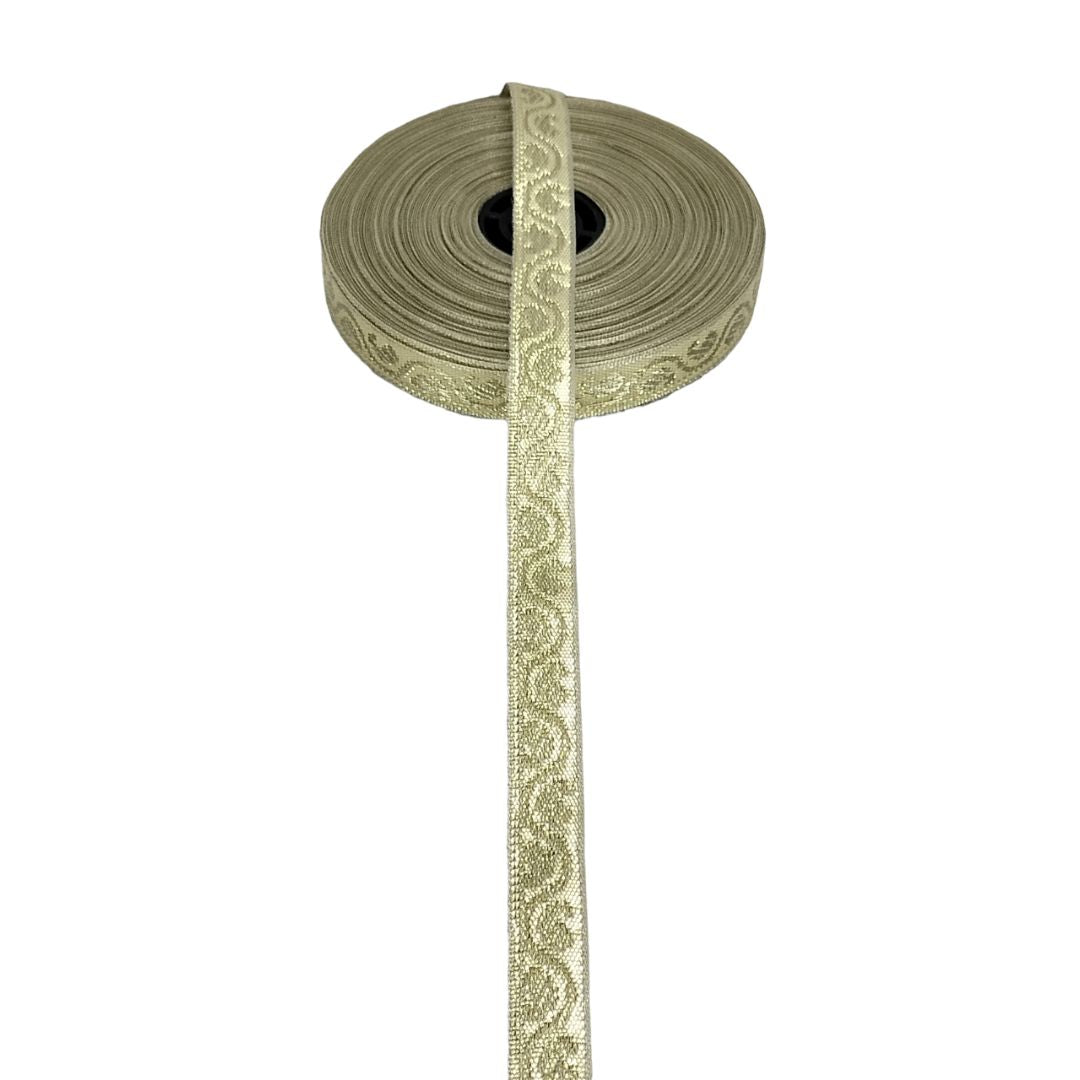 Roll of decorative ribbon with a pattern on a white background