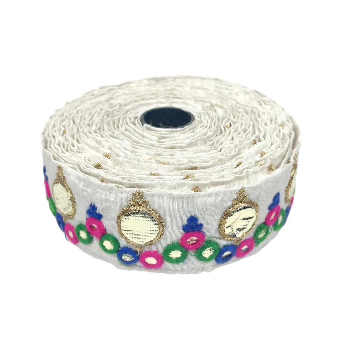 Roll of decorative ribbon with colorful patterns on a white background