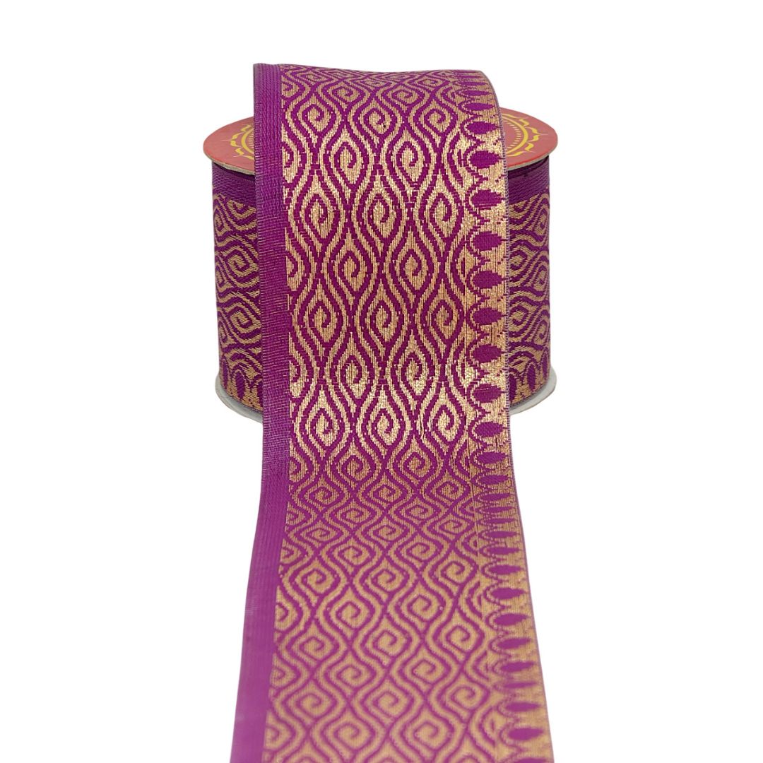Purple and gold patterned ribbon on a white background