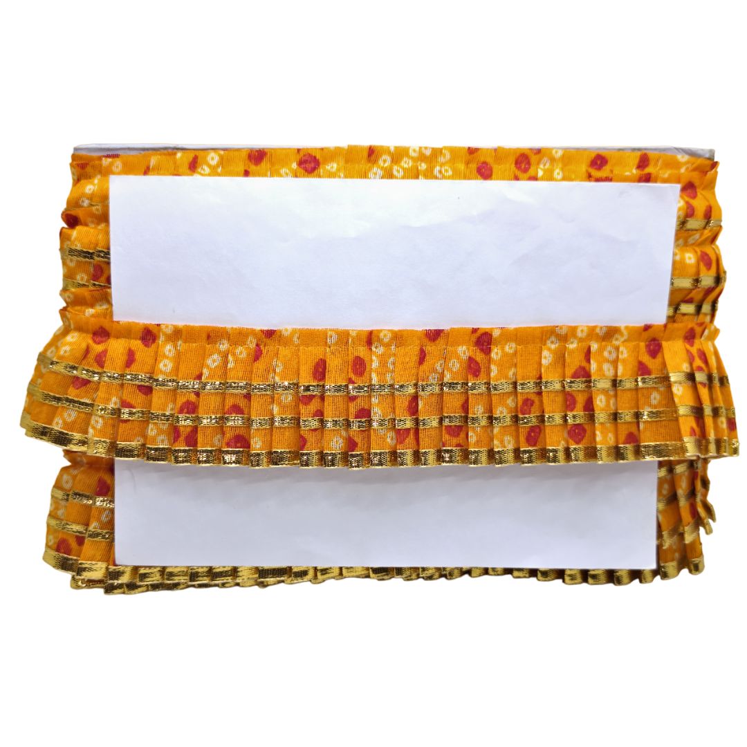 Yellow pleated clutch bag with a white interior on a white background