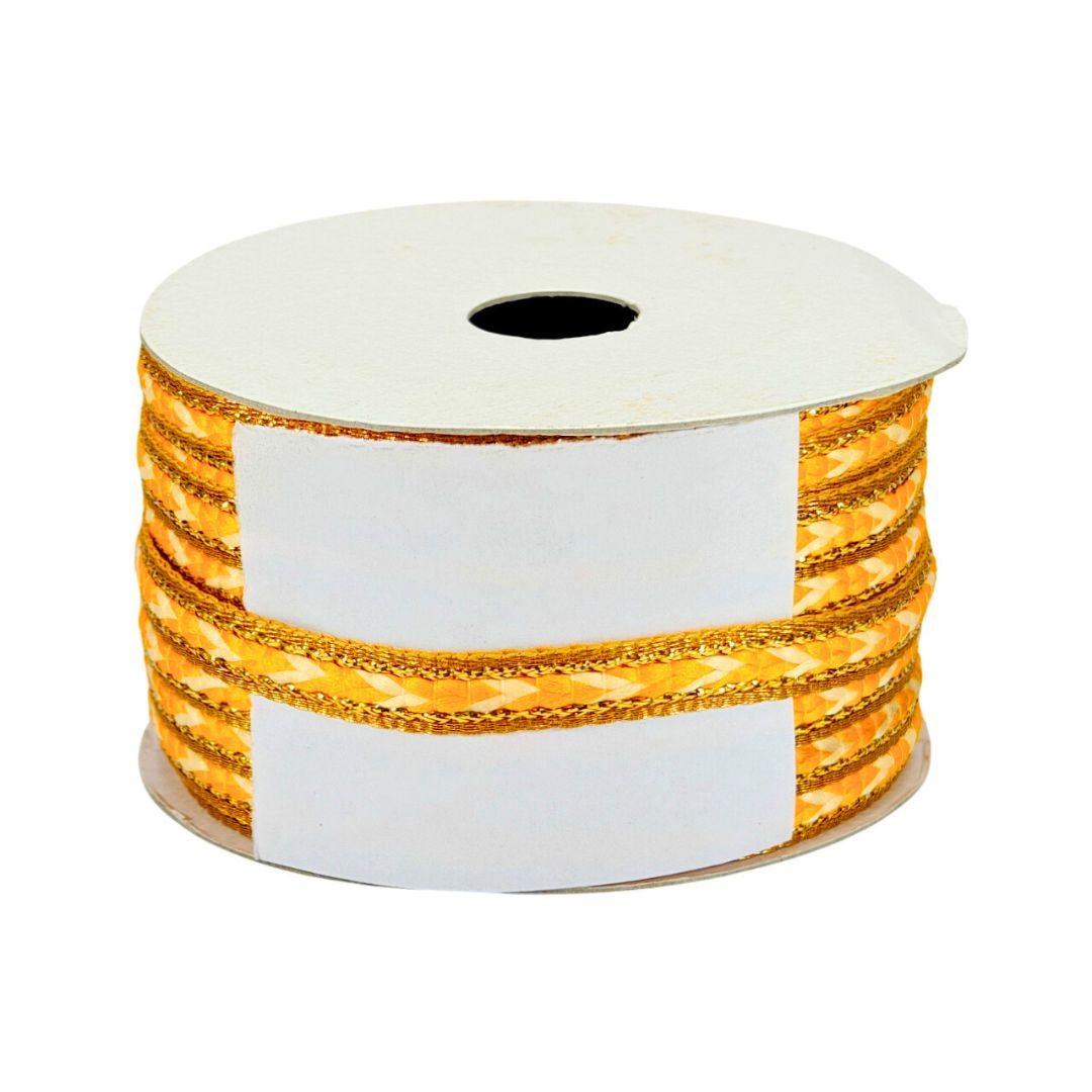 Spool of yellow LED strip light on a white background