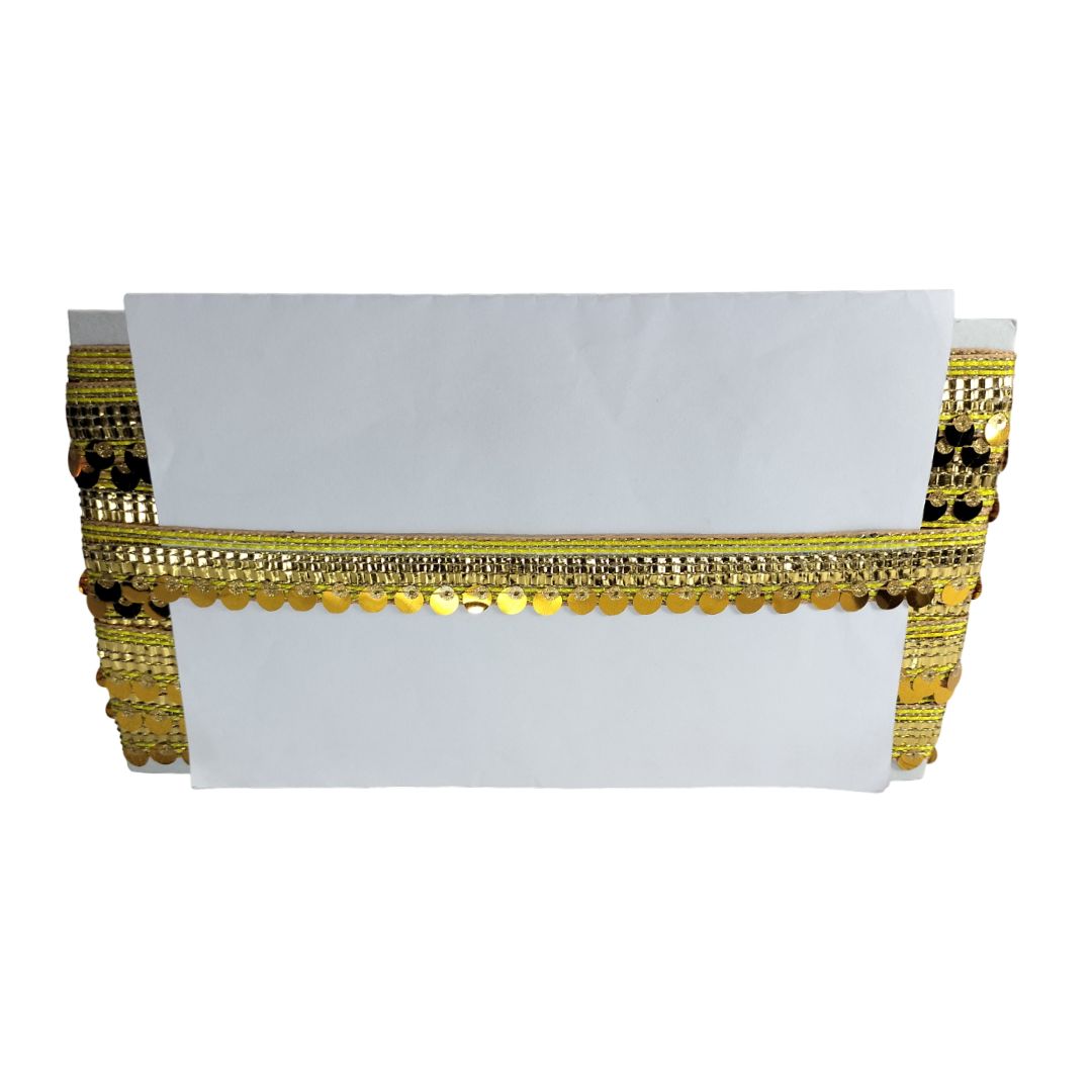 White clutch bag with gold decorative trim on a white background