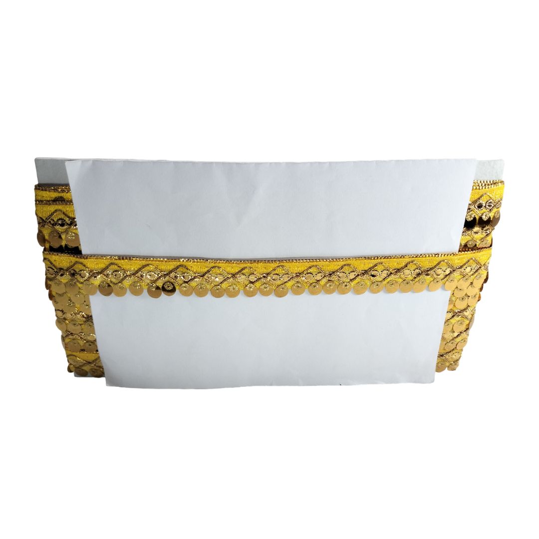 White pouch with gold decorative trim on a white background