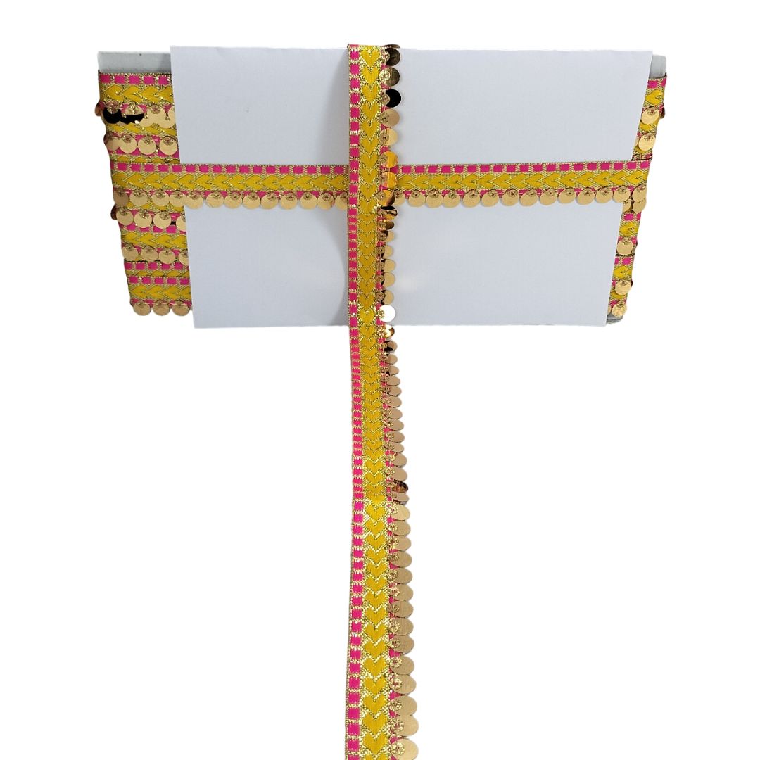 White clutch bag with yellow and pink decorative border on a white background