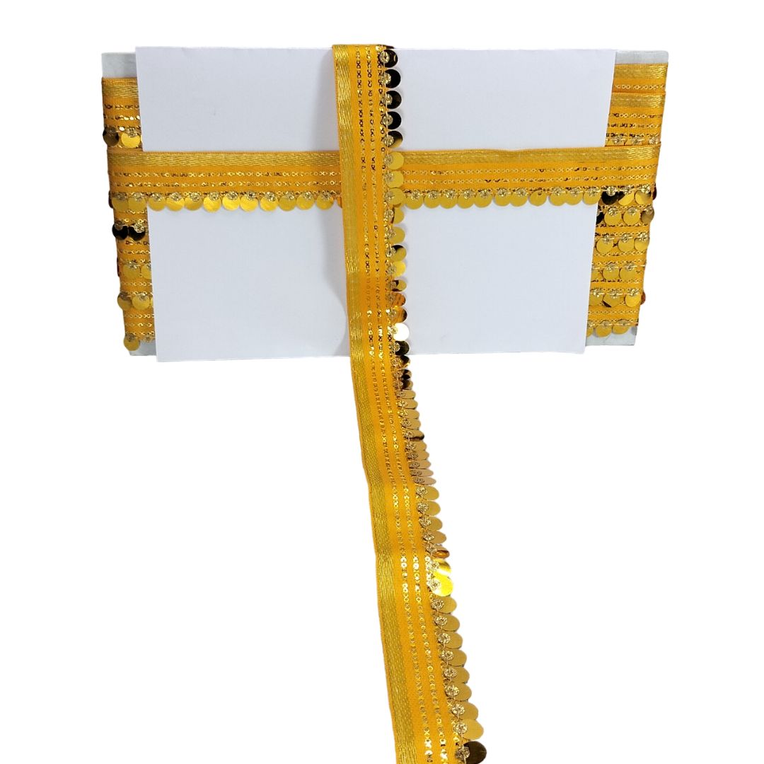 White box with a yellow decorative ribbon on a white background