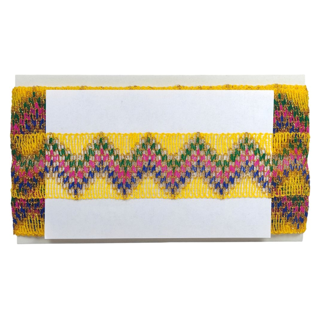 Colorful woven band with a zigzag pattern on a white background